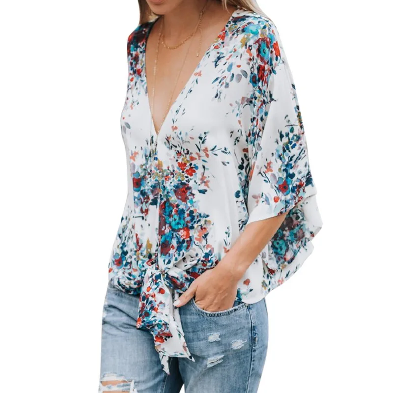 

MoneRffi 2019 Fashion Retro Floral Printed Chffion Women Blouses Sexy V-Neck Bandage Shirts Female Casual Loose Elegant Blusa