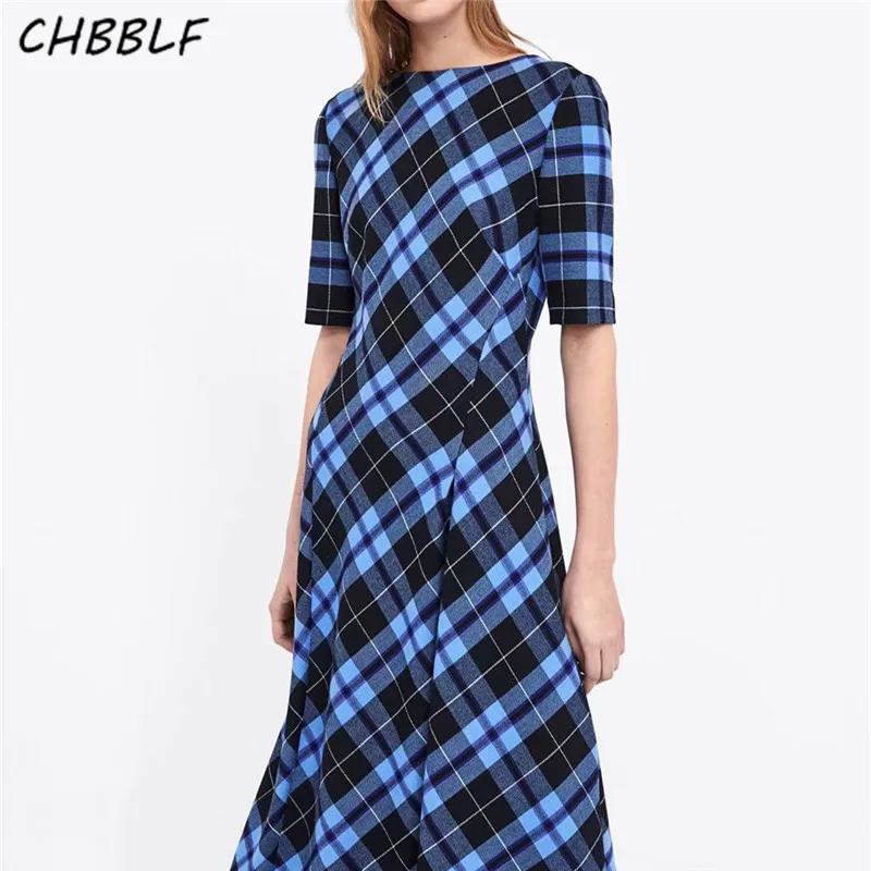 

CHBBLF women plaid midi dress short sleeve o neck back zipper female casual one piece dresses vestidos XDN8677