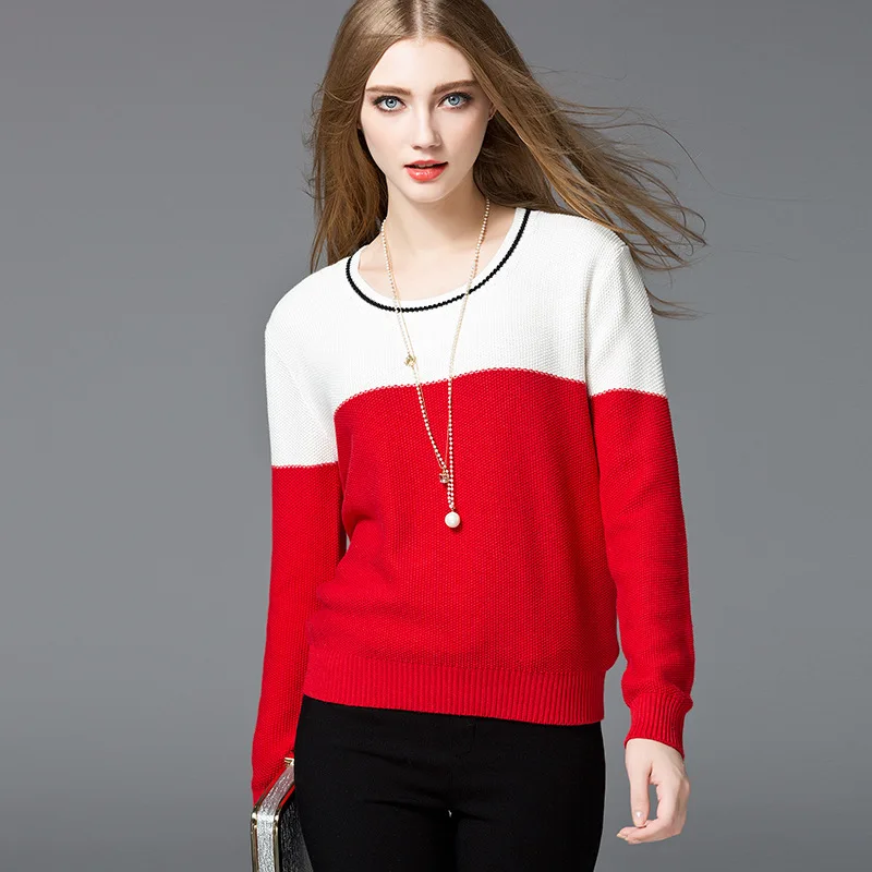 Autumn winter fashion loose plus size women sweater pullover cotton rayon contrast color knitted 