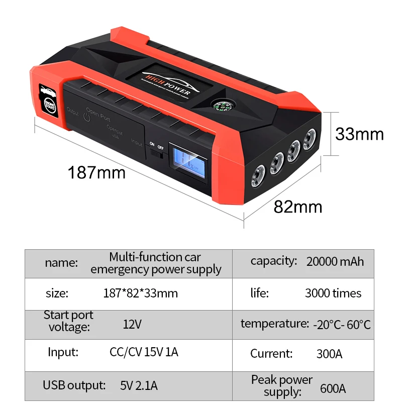 Jump Starter 20000mAh 12V Car Battery Power Bank Start Device LED 4USB EU Plug Emergency Booster Portable 600A Auto Electronic