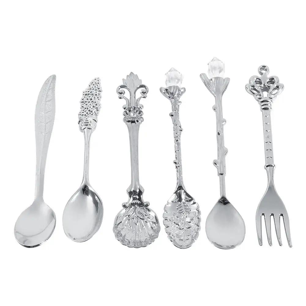 Silver 6pcs/set Mini Tea Spoon Retro Spoon Set Vintage Tea Spoon Coffee Scoops Feeding Tableware Palace Tea Spoon Dining Bar Tableware - Цвет: Silver