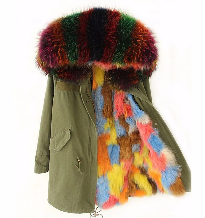 Плюс большой воротник из меха енота с капюшоном из натурального Лисьего меха женские парки верхняя одежда 2 в 1 съемная зимняя куртка с