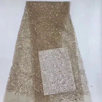 

2019 high quality french tulle lace fabric African sequins net lace glitter fabric with beads silver and gold for wedding dress