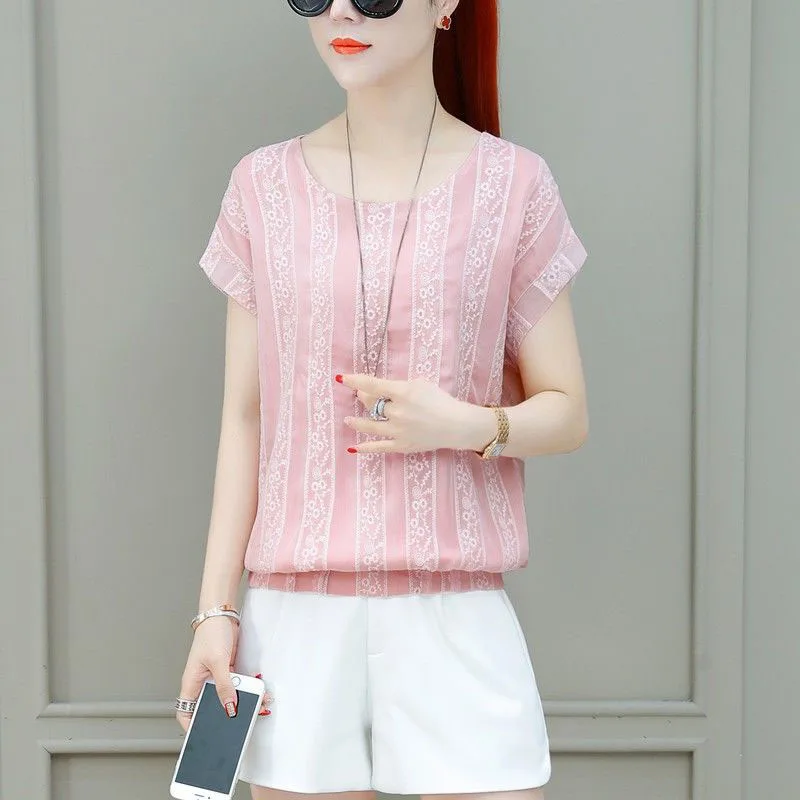 

Women Summer Style Chiffon Blouses Shirt Lady Casual Short Sleeve O-Neck Striped Loose Blusas Tops DF2770
