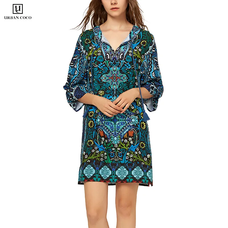 

Urban CoCo Women Boho Bohemian Neck Tie Boho Vintage Printed Ethnic Style Light Blue Summer Shift Dress