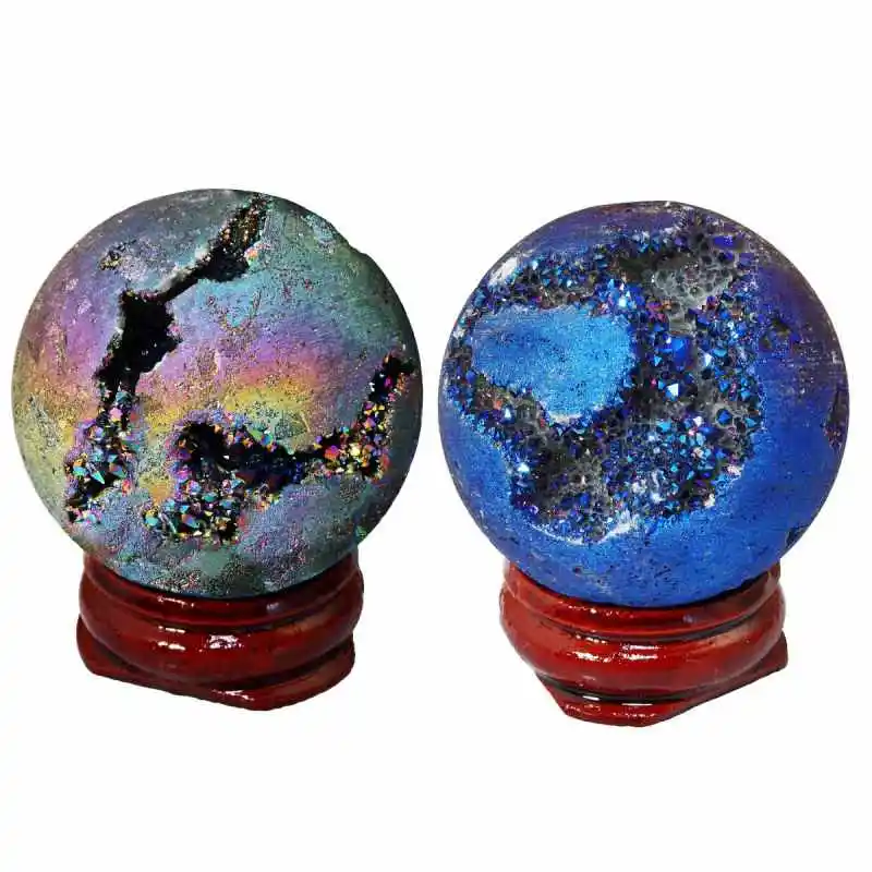 Rainbow Blue Round TUMBEELLUWA с титановым покрытием Друза геодная Сфера, Кристалл кварц Агат драгоценный камень яйцо/шар, скульптура Статуэтка Исцеление - Цвет: Rainbow Blue Round