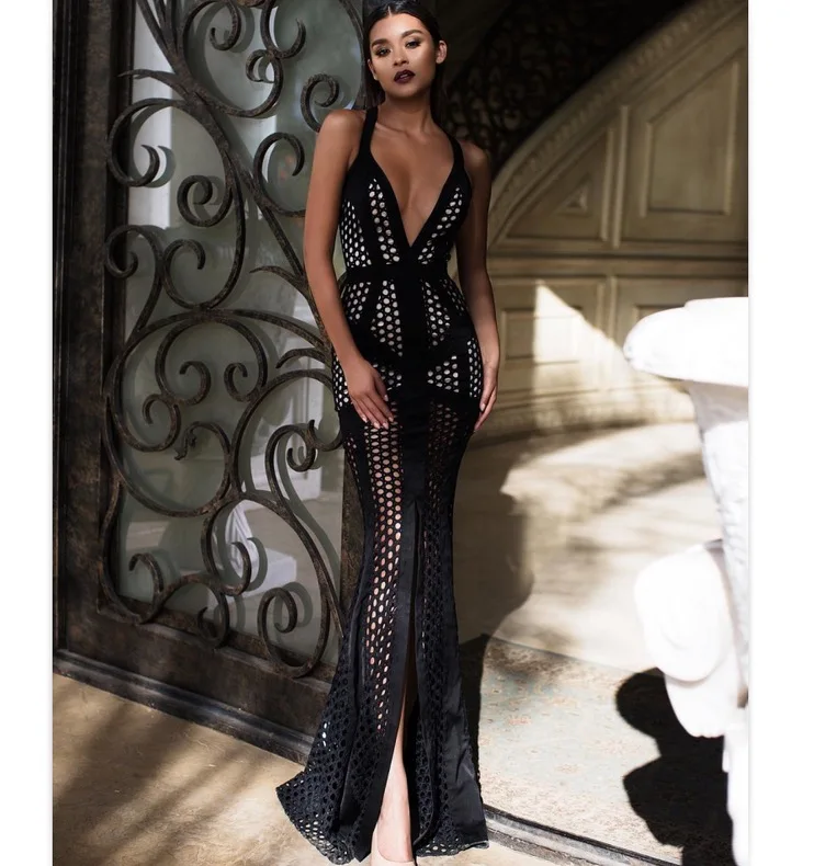 

Deep v-neck fashion dress sexy women hollow out spaghetti strap backless night club celebrity body con party dresses wholesale