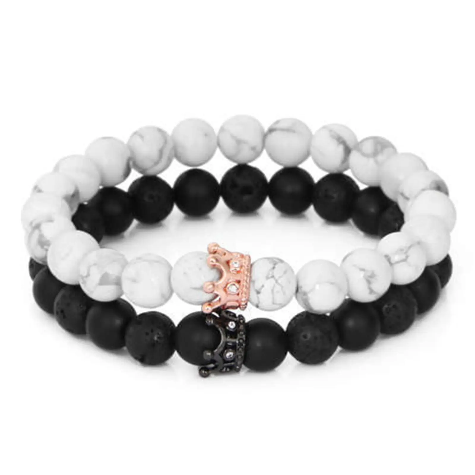 2pcs/set Couples Bracelet for Men Women 8MM Natural Stone King and Queen Bracelets Bangle with Crown