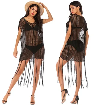 

2019 Crochet black Knitted Beach Cover up dress Tunic Long tassel Pareos Bikinis Cover ups Swim Cover up Robe Plage Beachwear