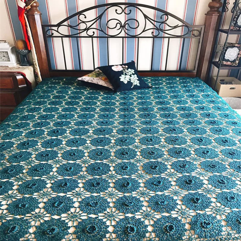 

Free shipping American style 100%cotton linen manual crocheted bed skirt turquoise bed cover coverlet single twin full size LQ