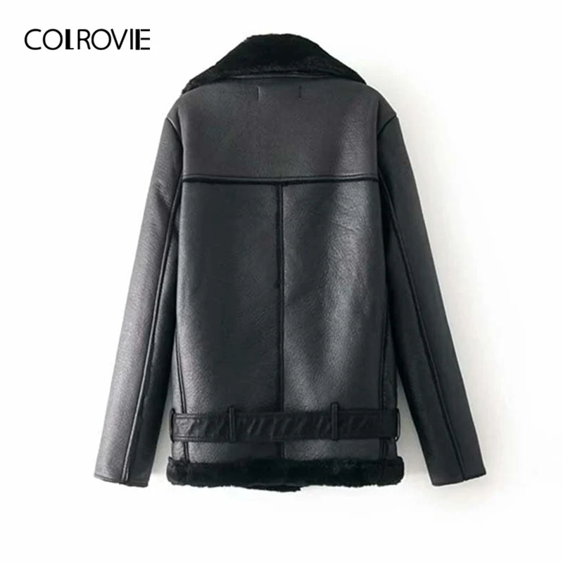 Женская куртка из пу кожи COLROVIE черная байкерская с карманами на молнии и поясом