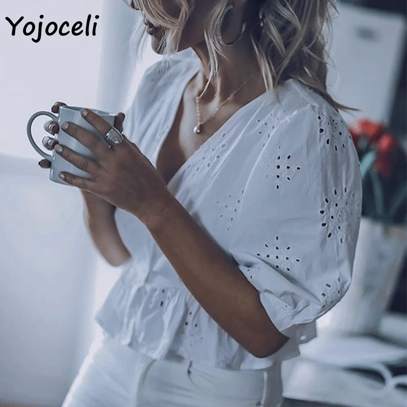 Женская блузка с вышивкой Yojoceli хлопковая v образным вырезом и пуговицами на лето