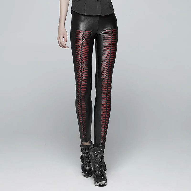 Панк рейв черно-красные женские готические сексуальные леггинсы с дырками стимпанк тянущиеся зауженные брюки для женщин модные кожаные леггинсы