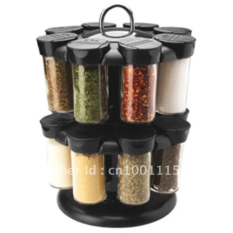 16 JAR CAROUSEL ROTATING SPICE RACK HOLDER NEW BLACK GLASSin Spice