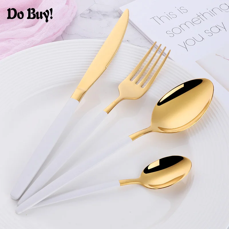 

4 Pcs/set Dinnerware Set Spoon Fork Knife Stainless Steel Red/White/Black Gold Cutlery Set Knife Fork Set Flatware Tableware