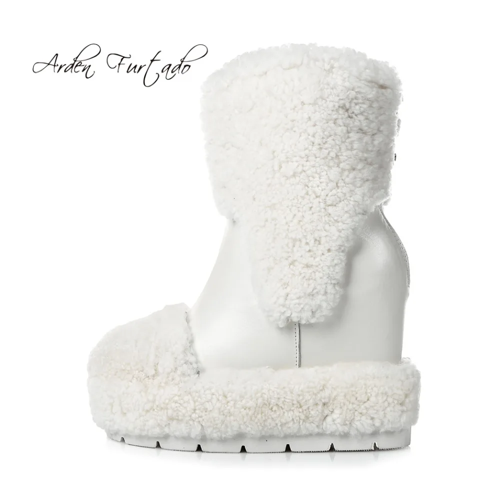 

Arden Furtado 2018 winter autumn wedges heels 8cm genuine leather fashion white wool snow boots zipper ankle boots shoes women