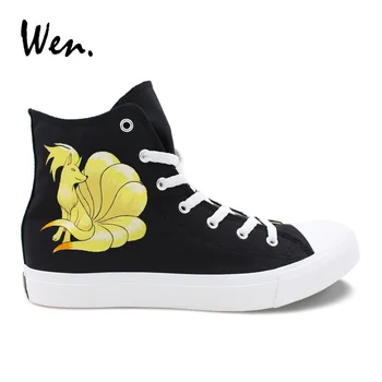 

Wen Custom Shoes Pokemon Design Ninetales Hand Painted Canvas Shoes Boys Girls Anime Sneakers High Top Black Flats Plimsolls