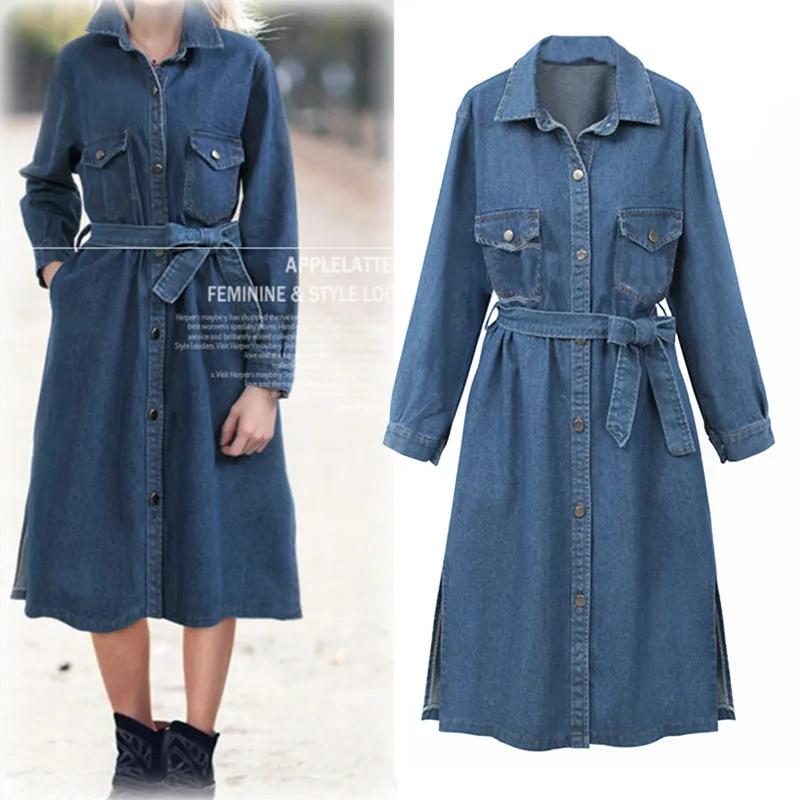 

Queechalle Autumn and Winter Long Denim Coat Women's Turn-down Collar Single Breasted Loose Coat with Belt Female Windbreaker