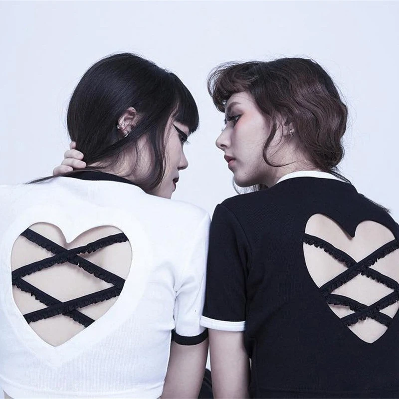 Heart cut out crop top t shirt women patchwork solid sexy t-shirt fashion white black harajuku crop tops cotton girl navel top