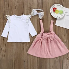 Детская осенняя футболка с длинными рукавами для девочек, с кружевными рукавами, спадающий с плеча Топ с бантом, юбка, 3 предмета, одежда для маленьких девочек, Детский костюм