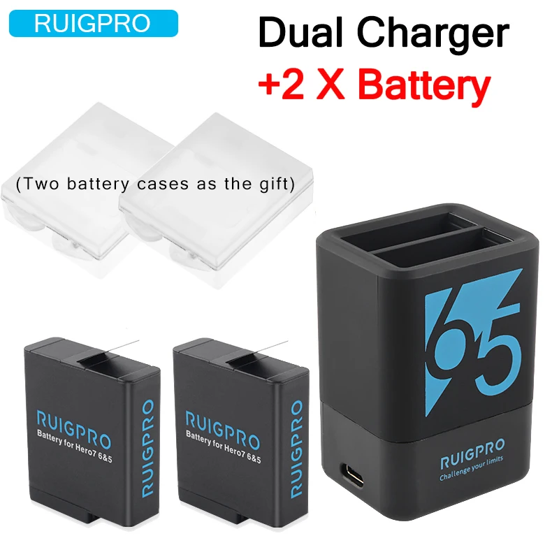 

Ruigpro for 2Pcs 1220mah Rechargeable Battery +Hero5 6 7 Dual Battery Charger For GoPro Hero 7 6 GoPro 5 Black Sport Camera