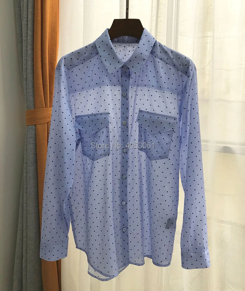 Bopstyle/ хлопковая светло-голубая блузка в горошек, Рубашка-2019SS, стиль, блузка в горошек с длинными рукавами, Топ