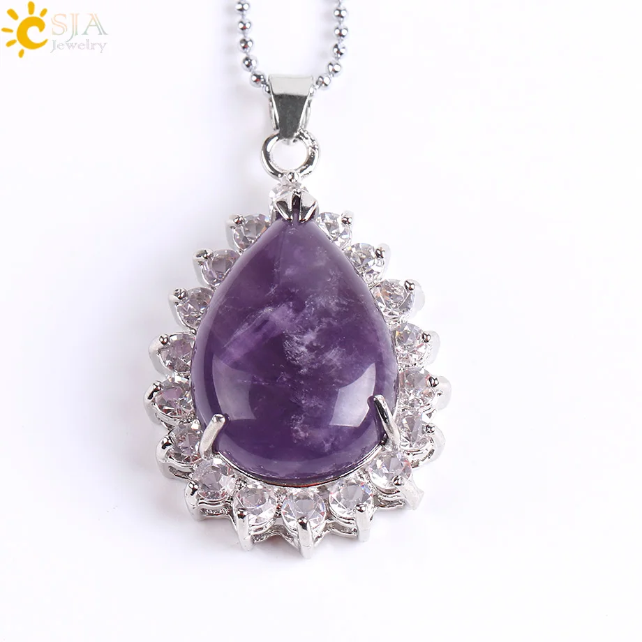Amethyst Chain CSJA рейки натуральный драгоценный камень капли воды ожерелье Подвески фиолетовый розовый кварц Лазурит тигровый глаз опал Стразы ювелирные изделия E829 - Окраска металла: Amethyst Chain