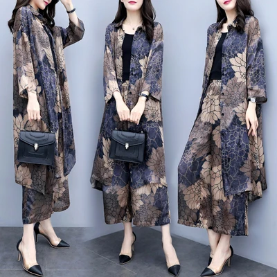 

Spring Suit 2019 New Plus Size Print Chiffon Fashion Set Loose Top Cardigan + Wide Leg Trouser Two Piece Set Casual Suit