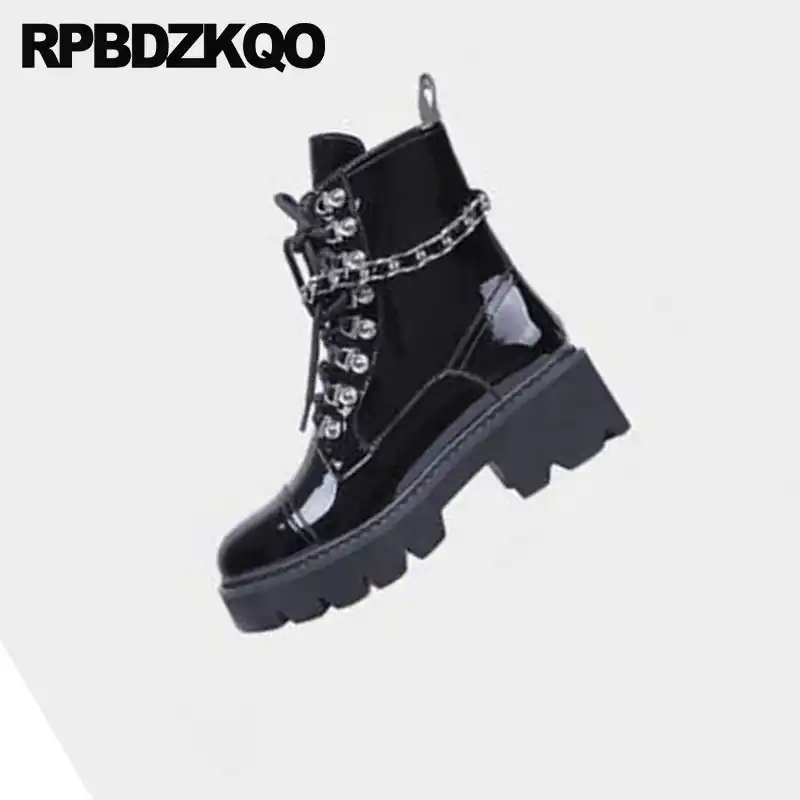 black patient patent military lace up boots with chunky sole
