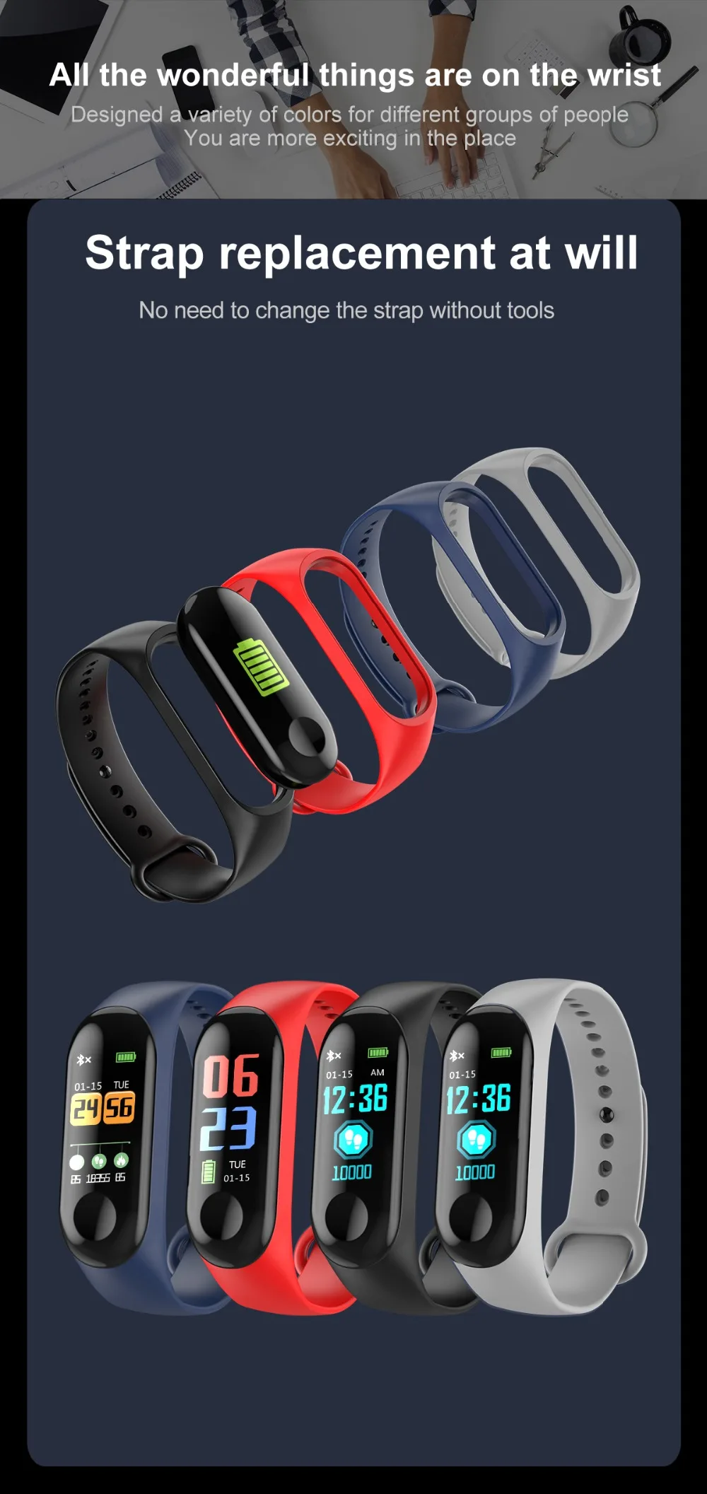 Torntisc W3 Fitness Bracelet Color-screen IP68 Waterproof blood pressure Oxygen Monitor sport Heart Rate Smart band pk mi band 3 (16)