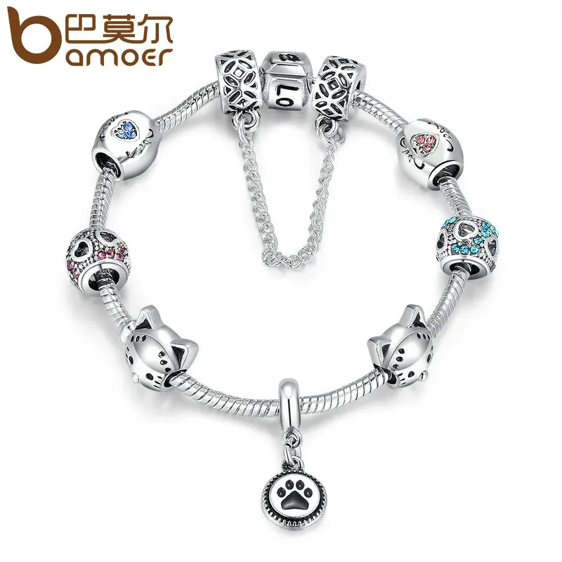 

BAMOER Fashion New Silver Color Doggy Footprints Heart Charm Safety Love Chain Strand Women Bracelets DIY Jewelry Making PA1512