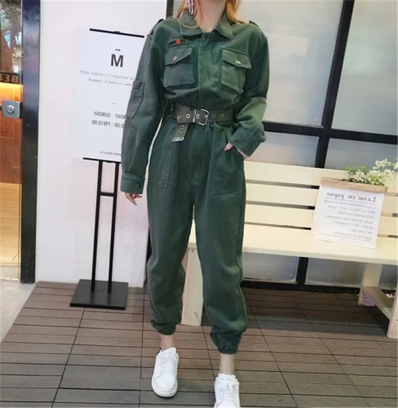 

limiguyue denim jumpsuit women romper cowboy safari armygreen jean casual turn down collar women jumpsuit belt T436