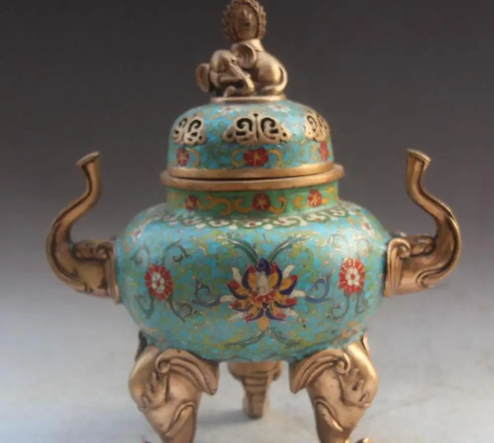 

free shipping 11" Old Qianlong Dynasty Cloisonne Gild Elephant Incense Burner Censer Incensory