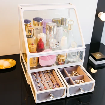 

High quality large 2 layers glass cosmetics drawer storage box plastic white glass 2 drawers makeup cosmetic box with lid