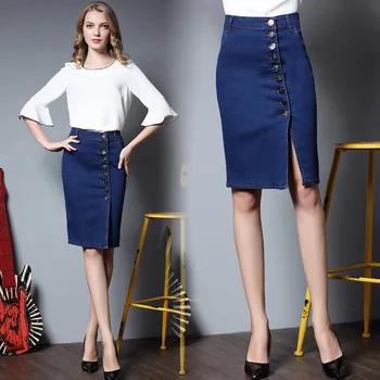 

2019 Summer Women Skirt Slits Stitching Slim Skirt Single Breasts Plus Size Blue Casual Denim Skirt S-6xl