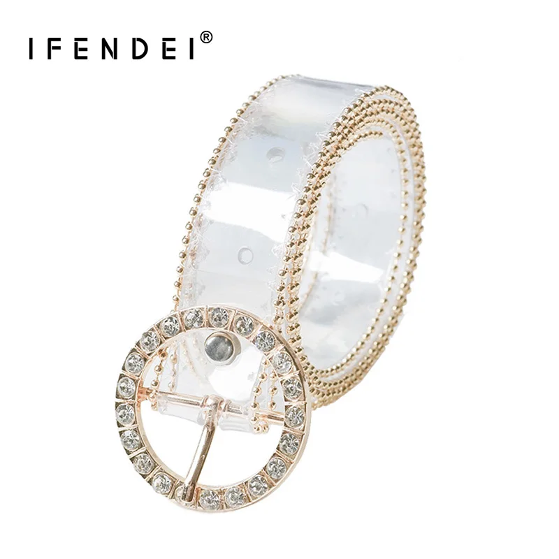 

IFENDEI Design PVC Belts For Womens Dress Plastic Transparent Fashion Straps For Jeans Diamond Silver Gold Round Buckle Belt New