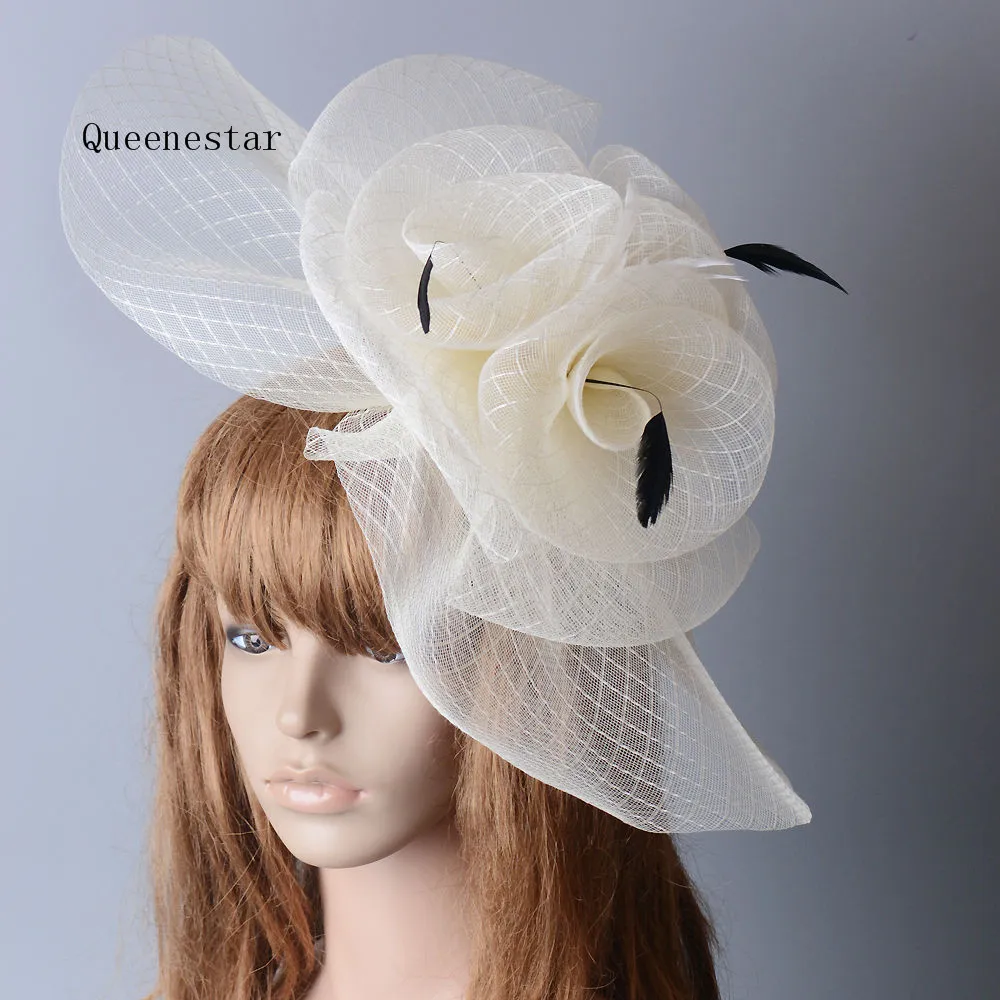 Large Ivory Strip Flower Fascinator Hat For Bride Vintage Cocktail