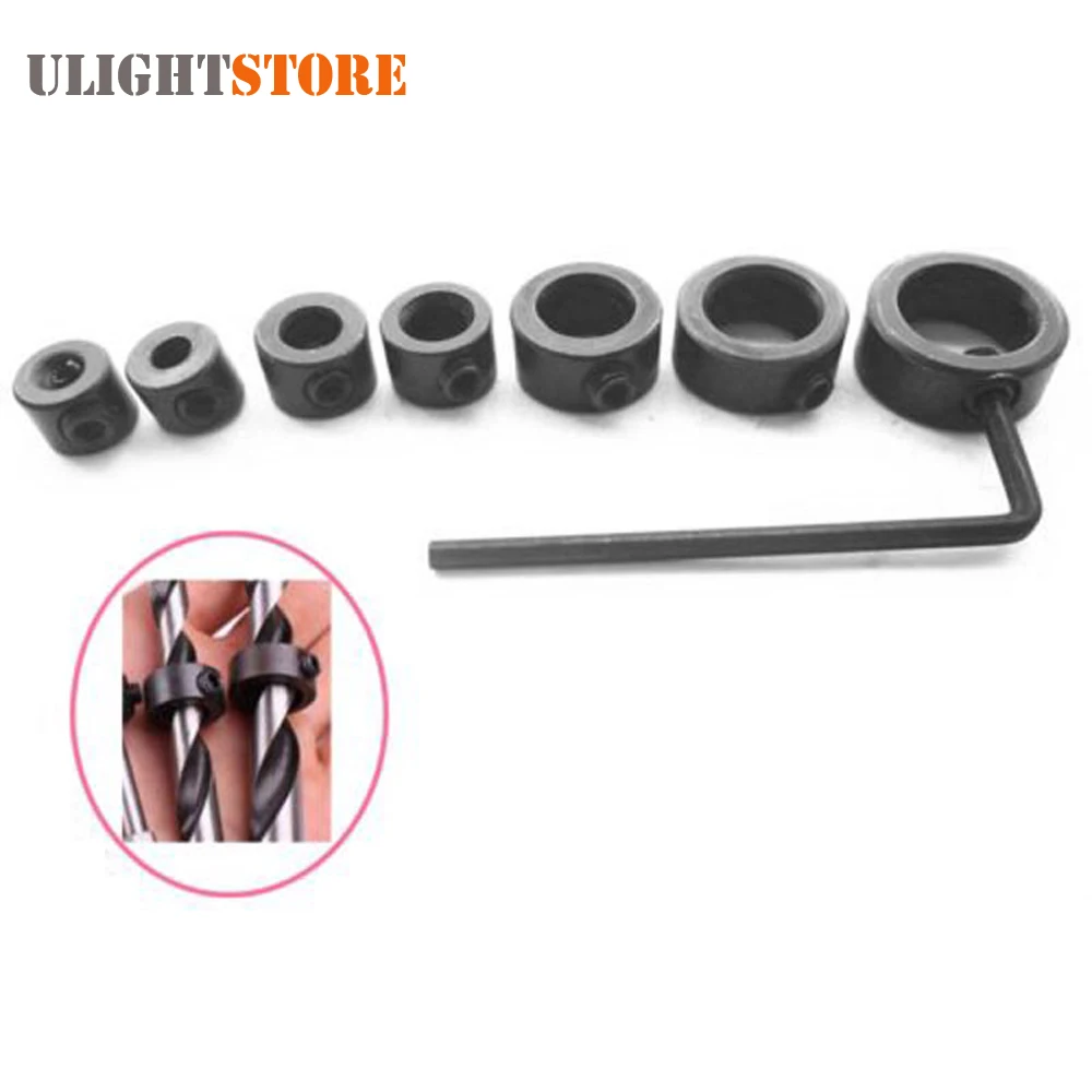 

7 x 3-12mm Woodworking Drill Bit Set Hand Tools Depth Stop Collars Ring Positioner Drill Chuck Locator + 1 x Hex Wrench