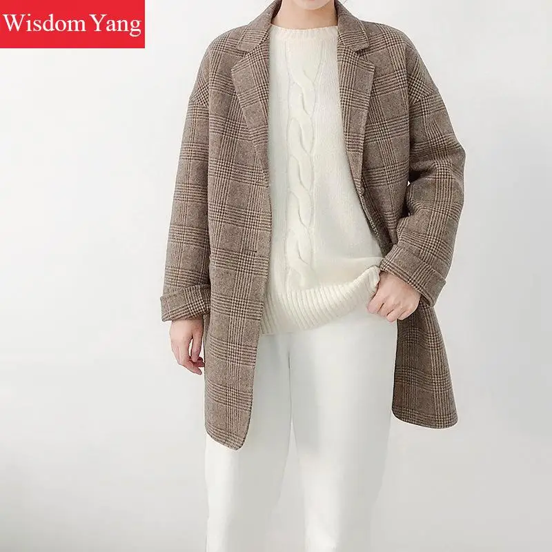 Femmes Café De Plaid Chaud Bureau Coat Laine D'hiver Beige Survêtement Costume Coat Dames Élégantes Manteaux Pardessus coffee Travail Manteau Oversize Moutons r7zwEqrtx
