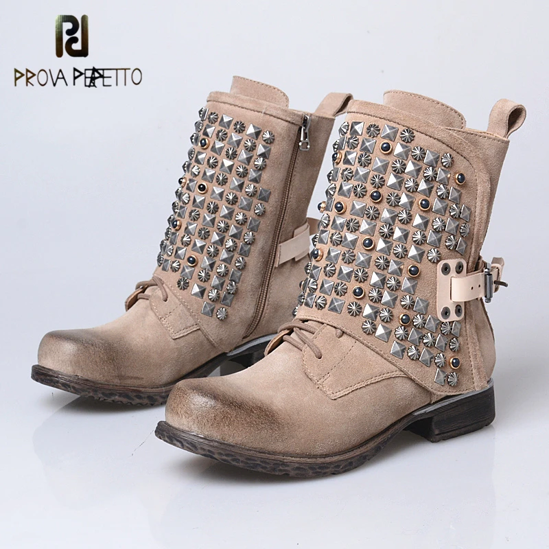 

Prova Perfetto 2018 New Fashion Rivets Cow Suede Leather Boots Metal Decoration Strap Buckle Casual Big Size Short Boots