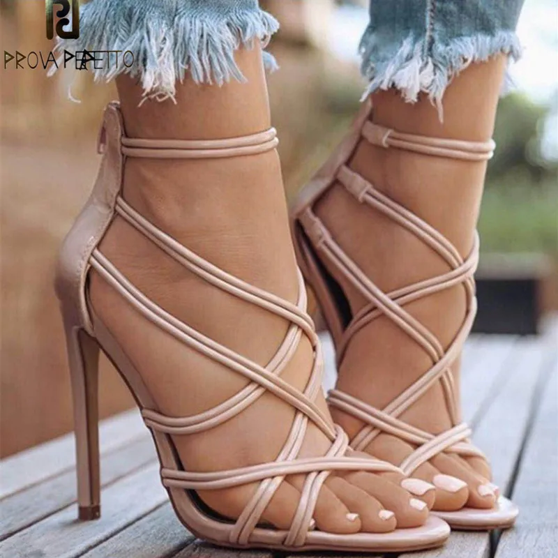 

Prova Perfetto Western Style Summer High Heel Shoes Woman Naroow Band Peep Toe Sandals Cross Tied Women Sandals Large Size 35-43