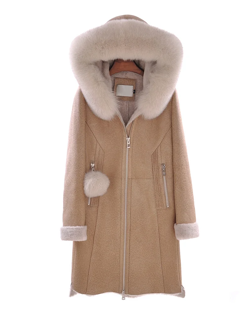 New Arrival Real Sheepskin Lady Coat With Fox Fur Collar With Long Sleeve Zipper Elegent Style Thick Warm Fur - Color: Yellow