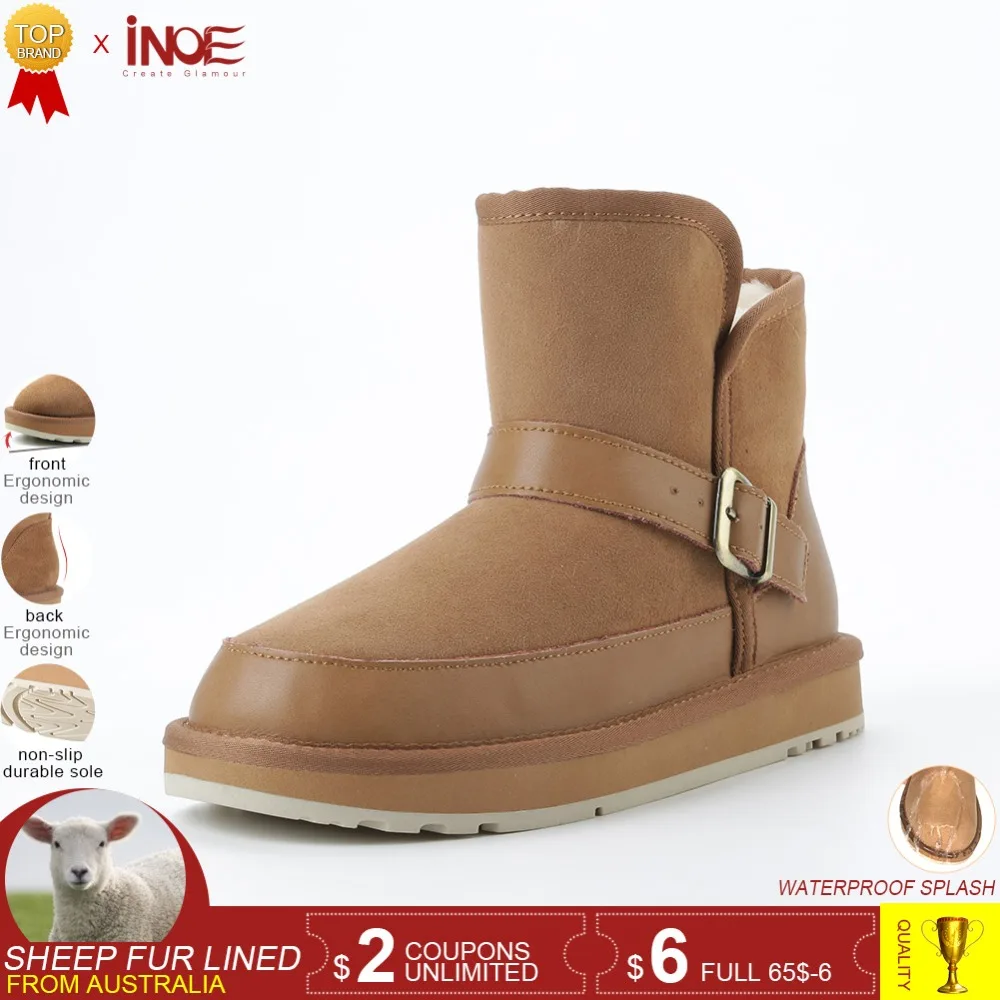 

INOE New fashion sheepskin suede leather wool fur lined women winter snow boots winter shoes non-slip rubber sole brown black
