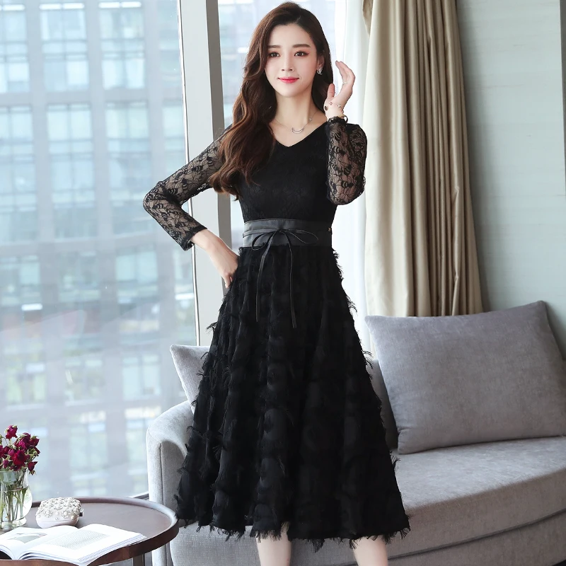Осень зима нового размера плюс винтажное кружевное вечернее платье миди женское облегающее корейское черное платье с длинным рукавом для подиума Vestidos