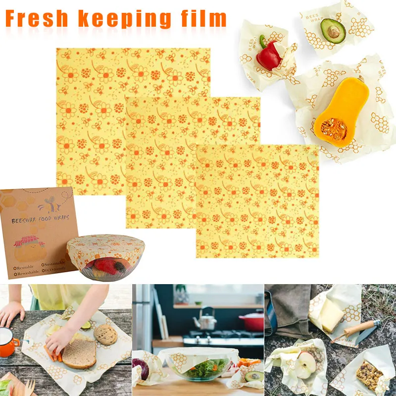 

3 Pcs/set Reusable Wrap Cloth Cling Film Food Packaging Bee Wax Kitchen Tools YA88
