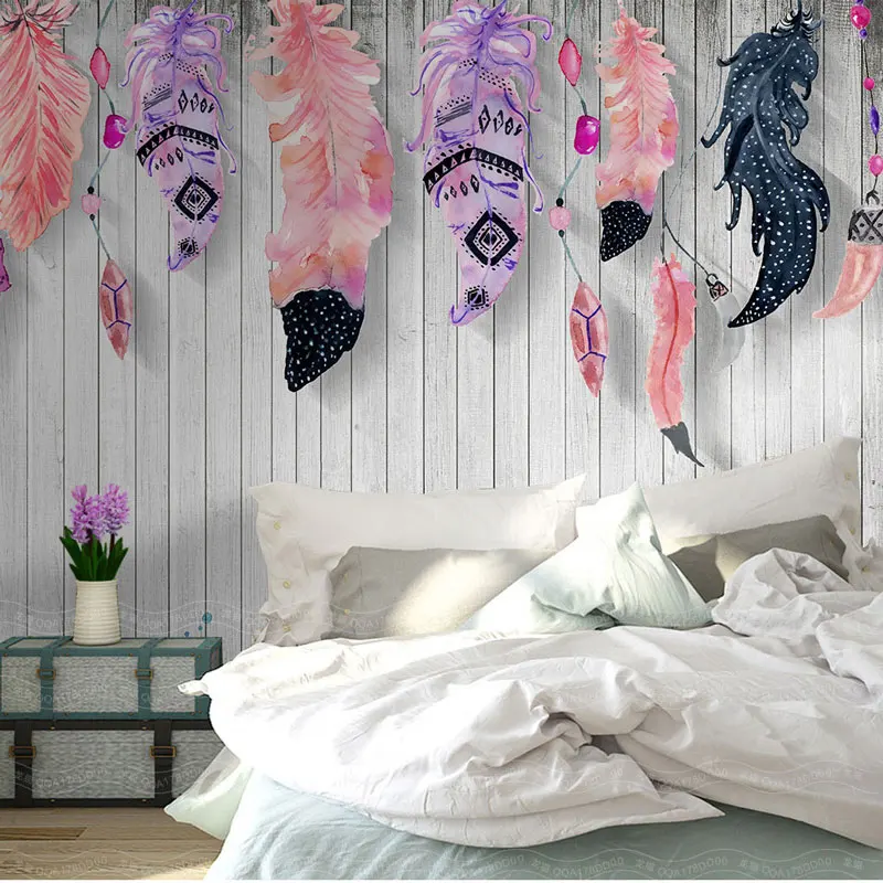 Modern Painted Feather on Wood Wall Photo Wallpaper Living Room Bedroom