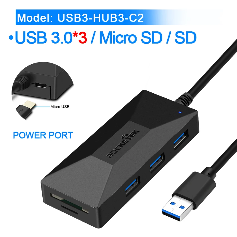 Rocketek usb-хаб с кардридером 3 порта USB 3,0 type c разветвитель Micro USB порт питания для ноутбука iMac - Цвет: USB 3.0