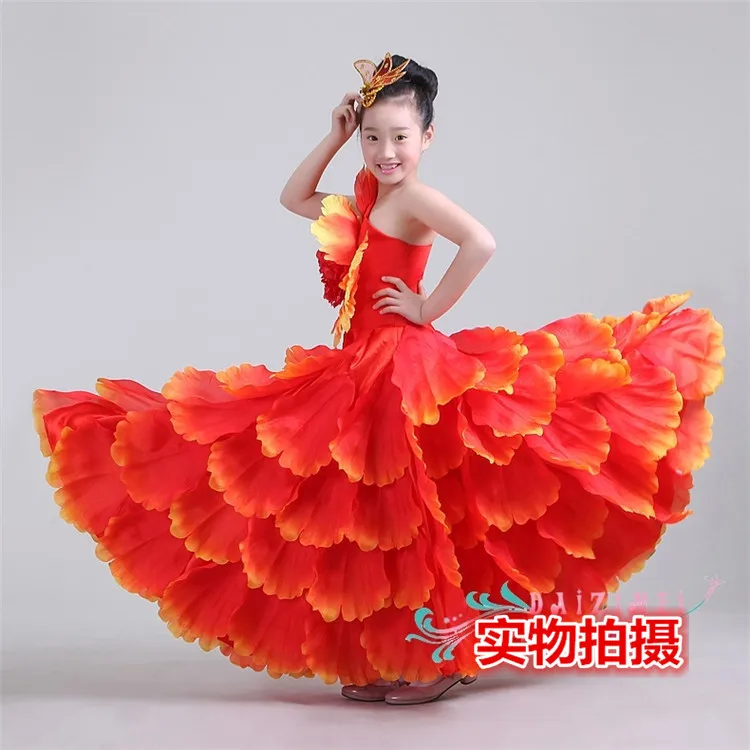 Детский танцевальный костюм, расширенная юбка, костюм, современная танцевальная одежда, юбка с лепестками, платье для испанского фламенко 540 720 - Цвет: red180