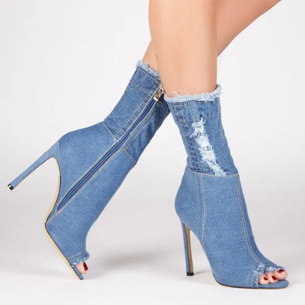 

2018 Spring New Fashion Street Look Celebrity Woman Boots Blue Denim Boots Peep Toes Retro Style Zipper Side Ankle Botas Mujer