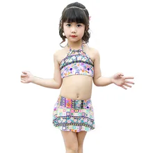 Детский раздельный купальник с милым рисунком без бретелек для девочек, Маленькая детская юбка для купания, купальный костюм, G42-K554 для плавания